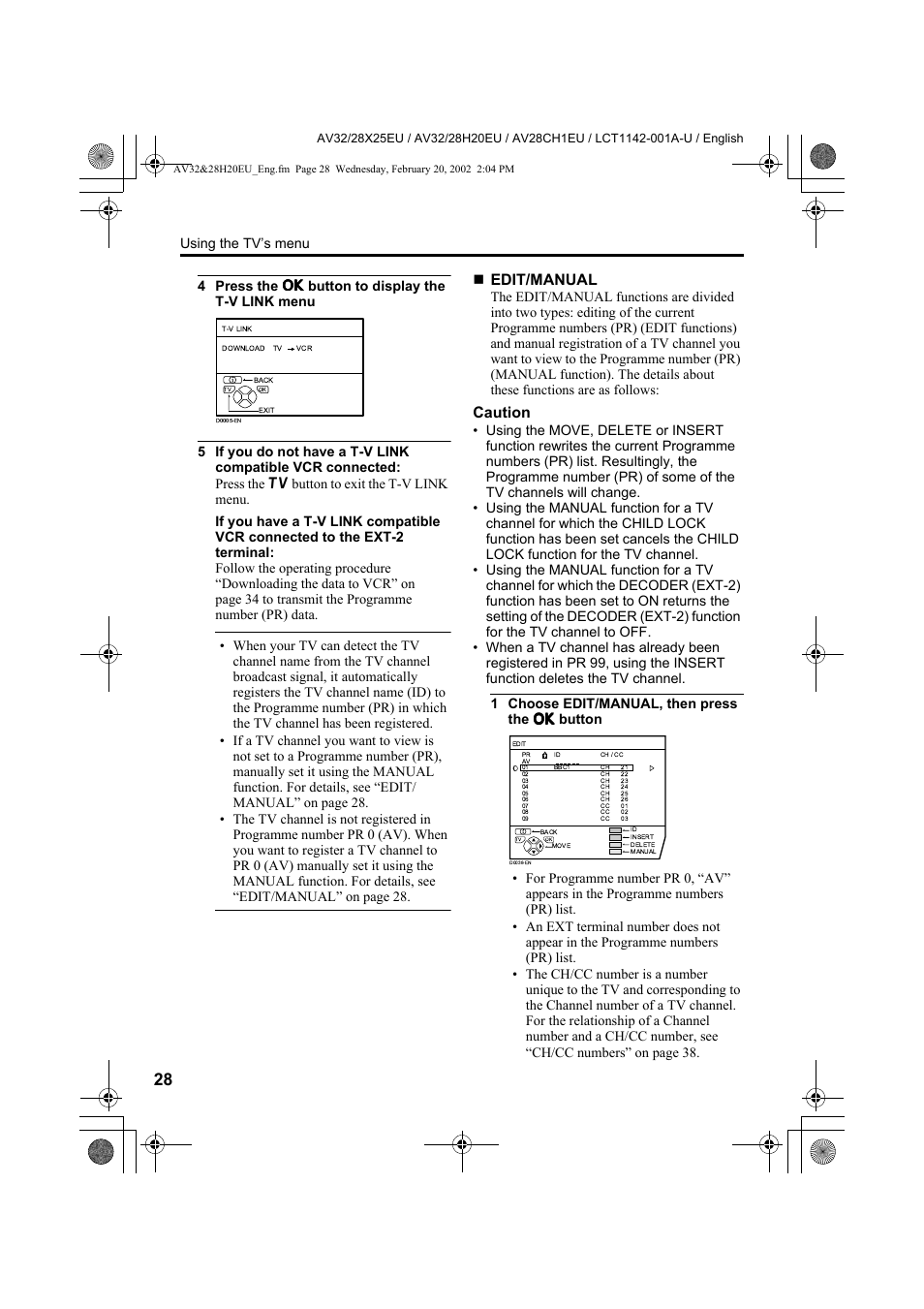 Edit/manual, Caution, Using the tv’s menu | JVC AV28CH1EU User Manual | Page 30 / 327