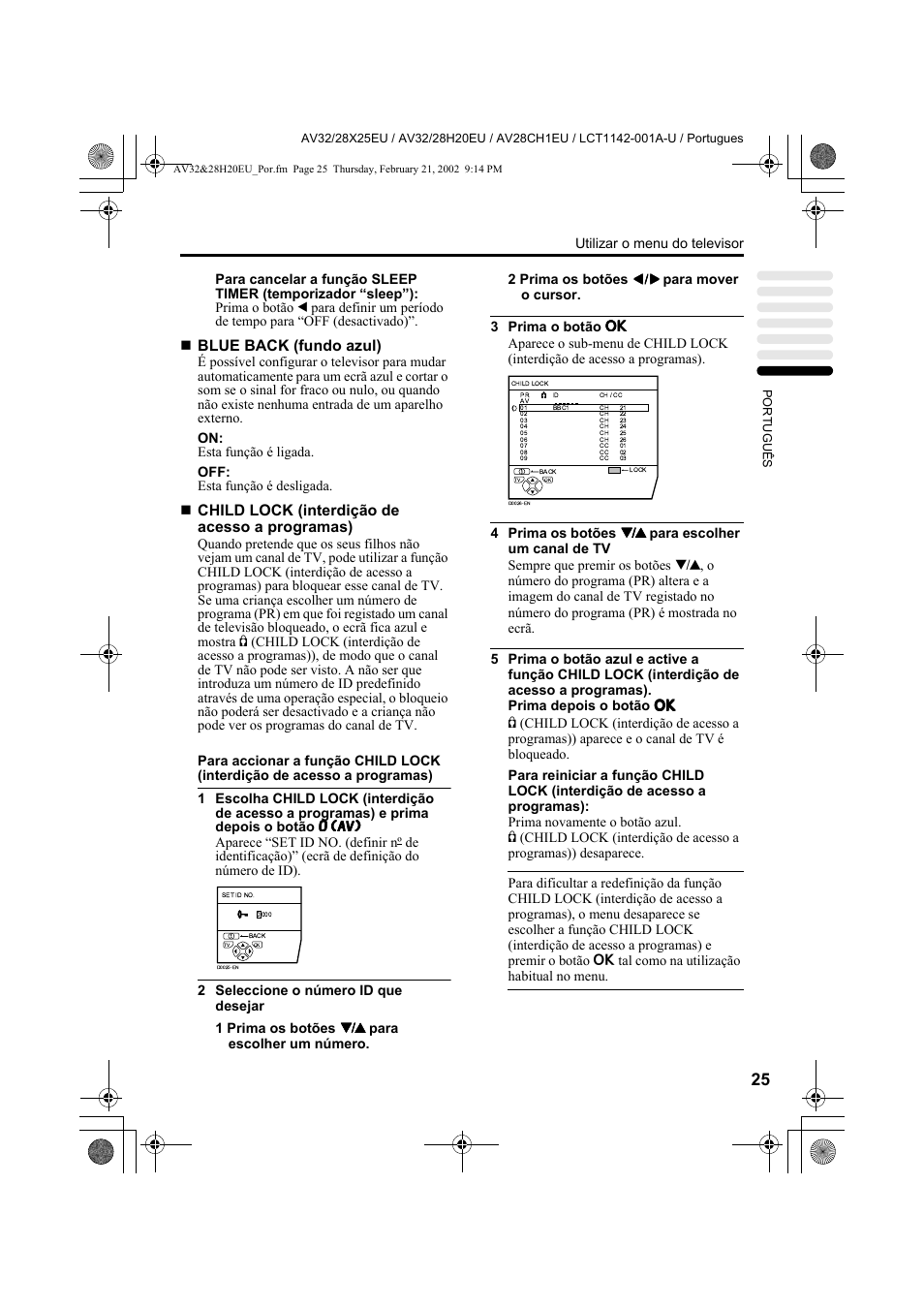 Blue back (fundo azul), Child lock (interdição de acesso a programas) | JVC AV28CH1EU User Manual | Page 303 / 327