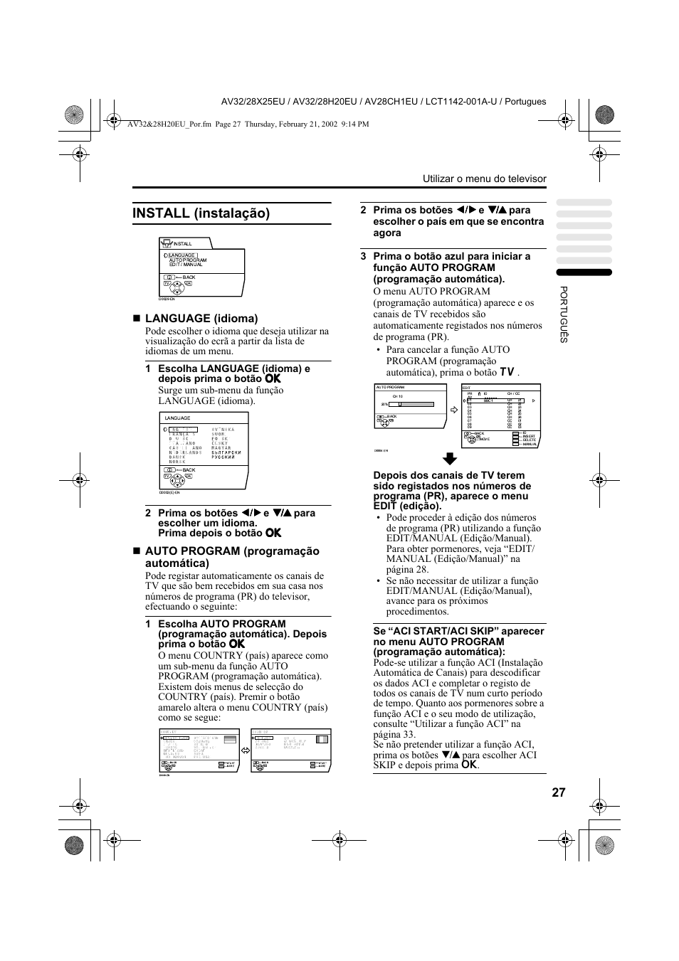 Install (instalação), Language (idioma), Auto program (programação automática) | Utilizar o menu do televisor | JVC AV28CH1EU User Manual | Page 305 / 327