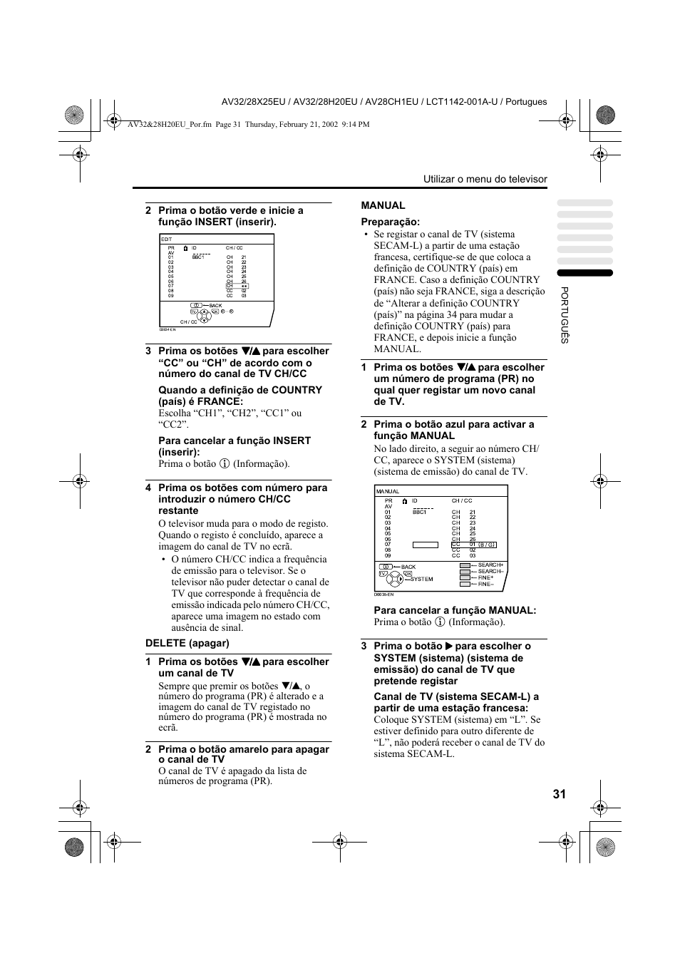 Utilizar o menu do televisor | JVC AV28CH1EU User Manual | Page 309 / 327