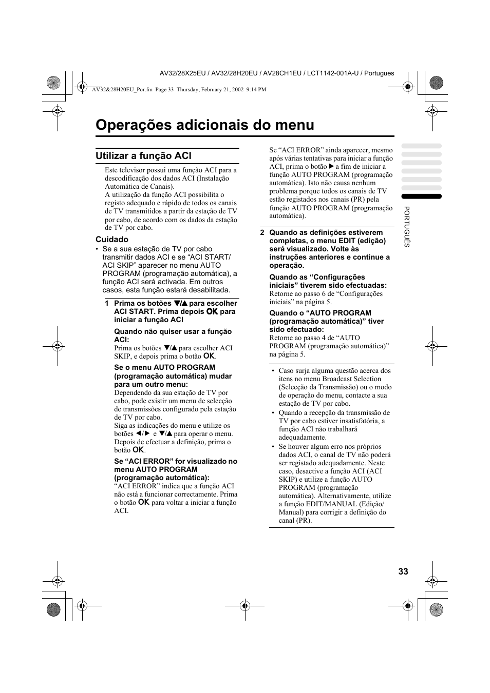 Operações adicionais do menu, Utilizar a função aci | JVC AV28CH1EU User Manual | Page 311 / 327
