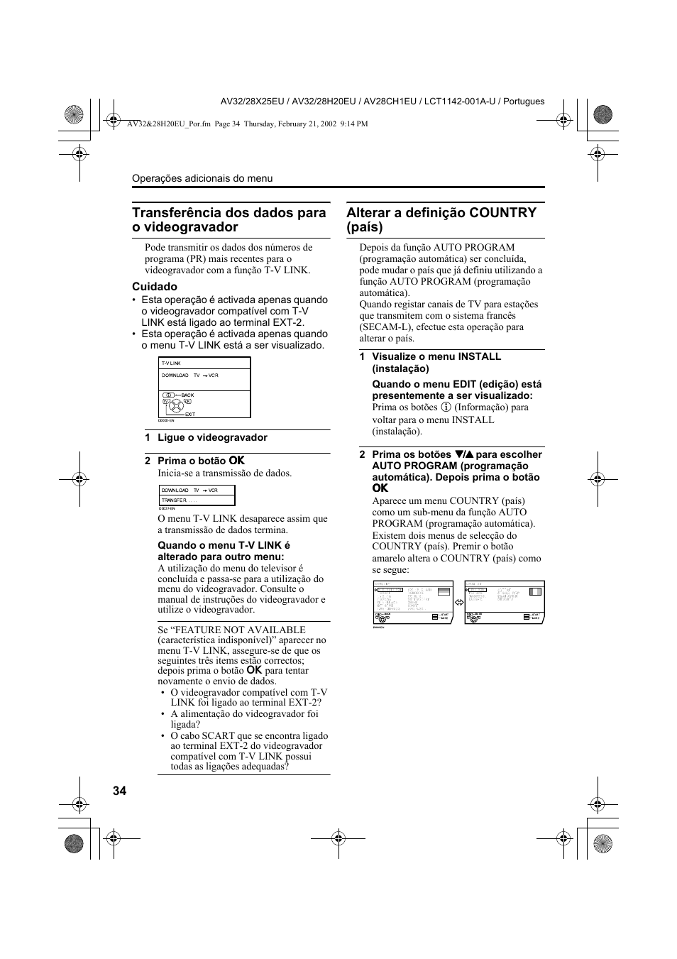 Transferência dos dados para o videogravador, Alterar a definição country (país), Cuidado | JVC AV28CH1EU User Manual | Page 312 / 327