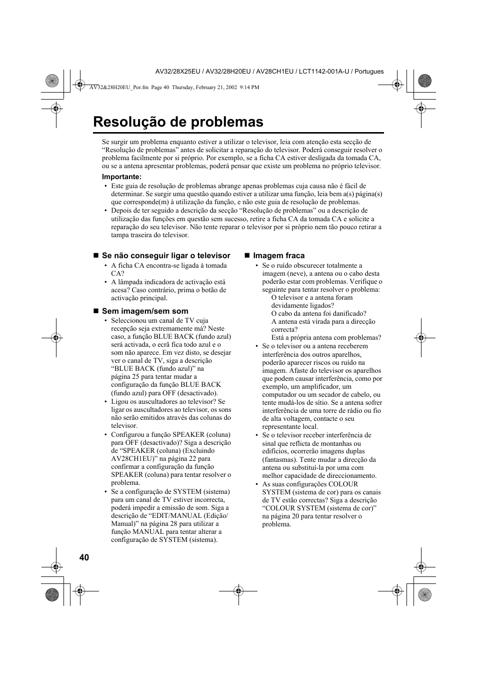 Resolução de problemas | JVC AV28CH1EU User Manual | Page 318 / 327