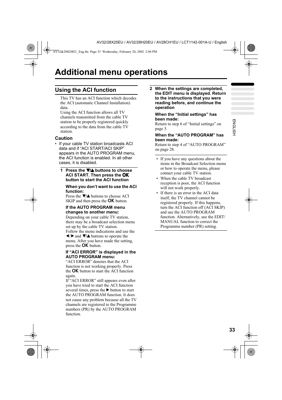 Additional menu operations, Using the aci function | JVC AV28CH1EU User Manual | Page 35 / 327