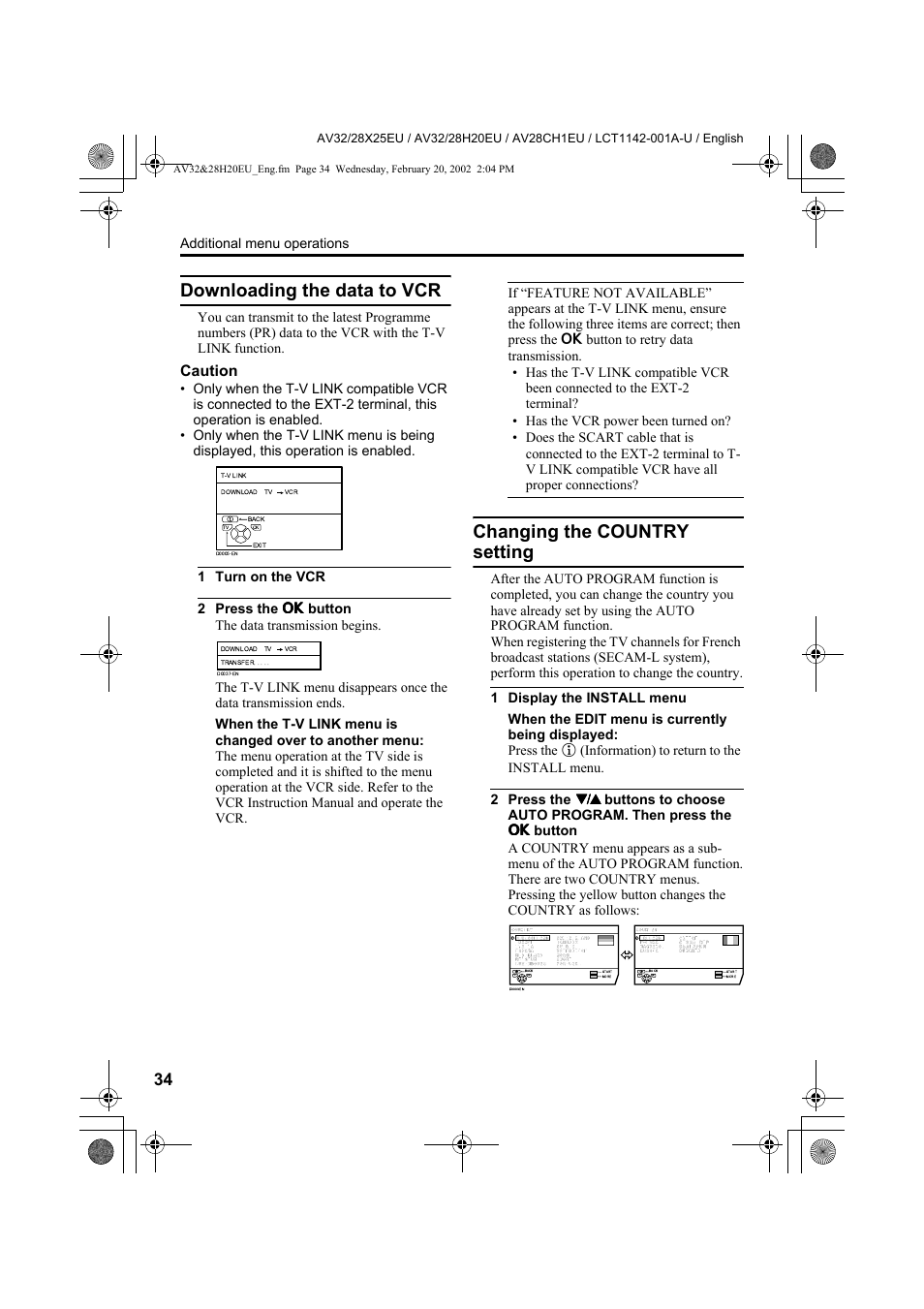Downloading the data to vcr, Changing the country setting, Caution | JVC AV28CH1EU User Manual | Page 36 / 327