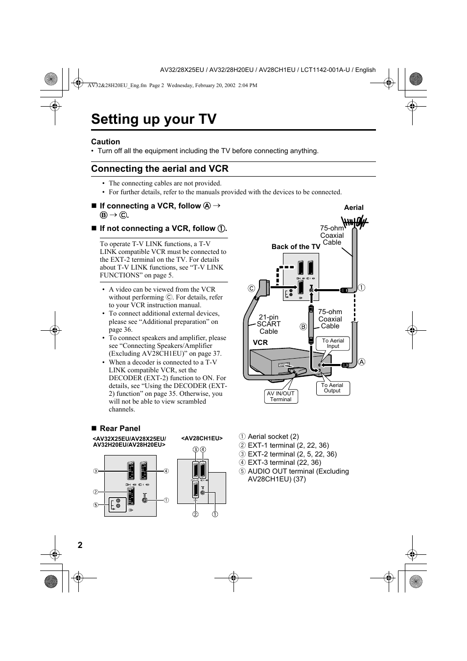 Setting up your tv, Connecting the aerial and vcr, Caution | Rear panel | JVC AV28CH1EU User Manual | Page 4 / 327