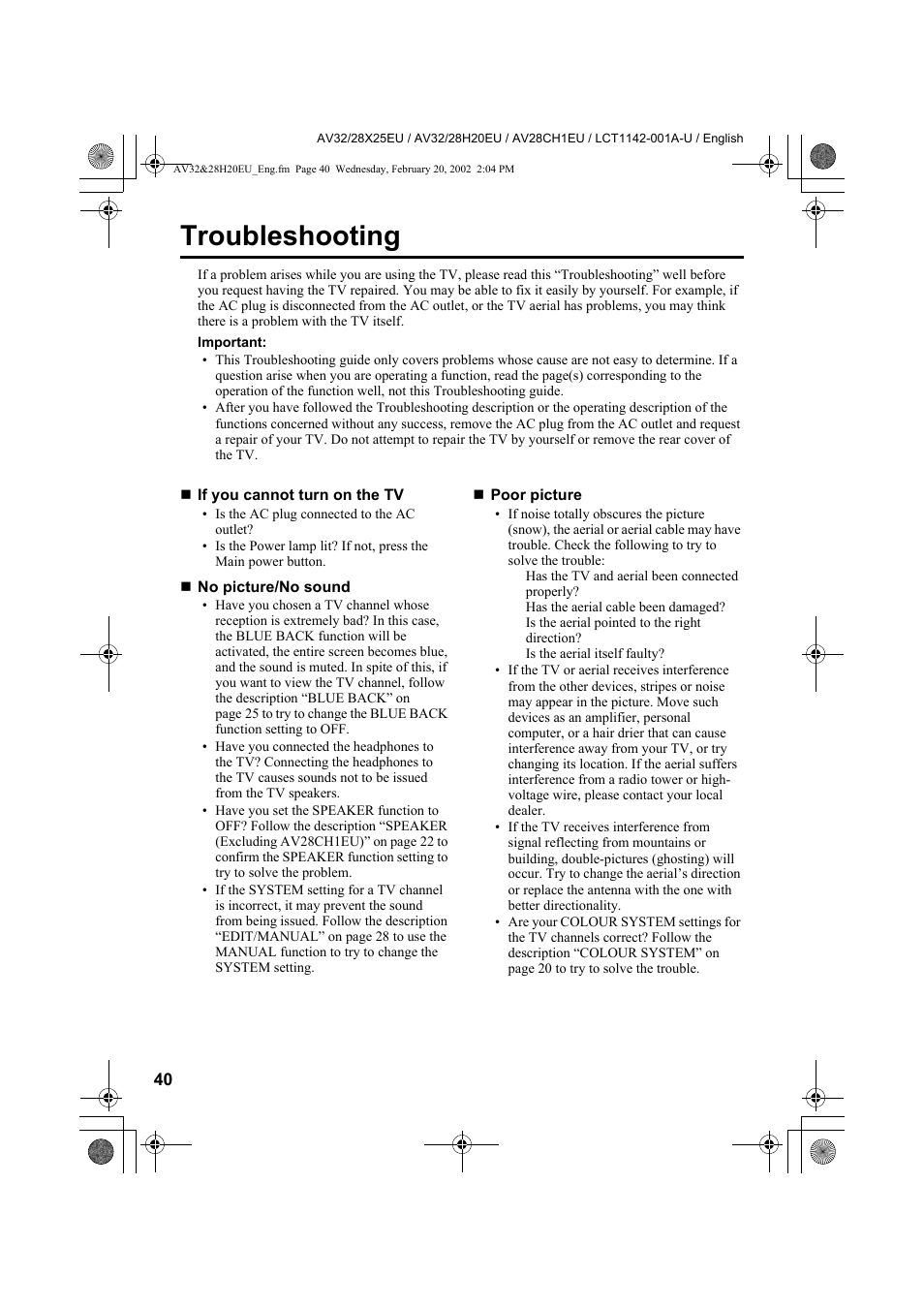 Troubleshooting | JVC AV28CH1EU User Manual | Page 42 / 327