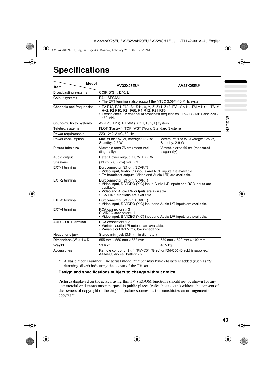 Specifications | JVC AV28CH1EU User Manual | Page 45 / 327