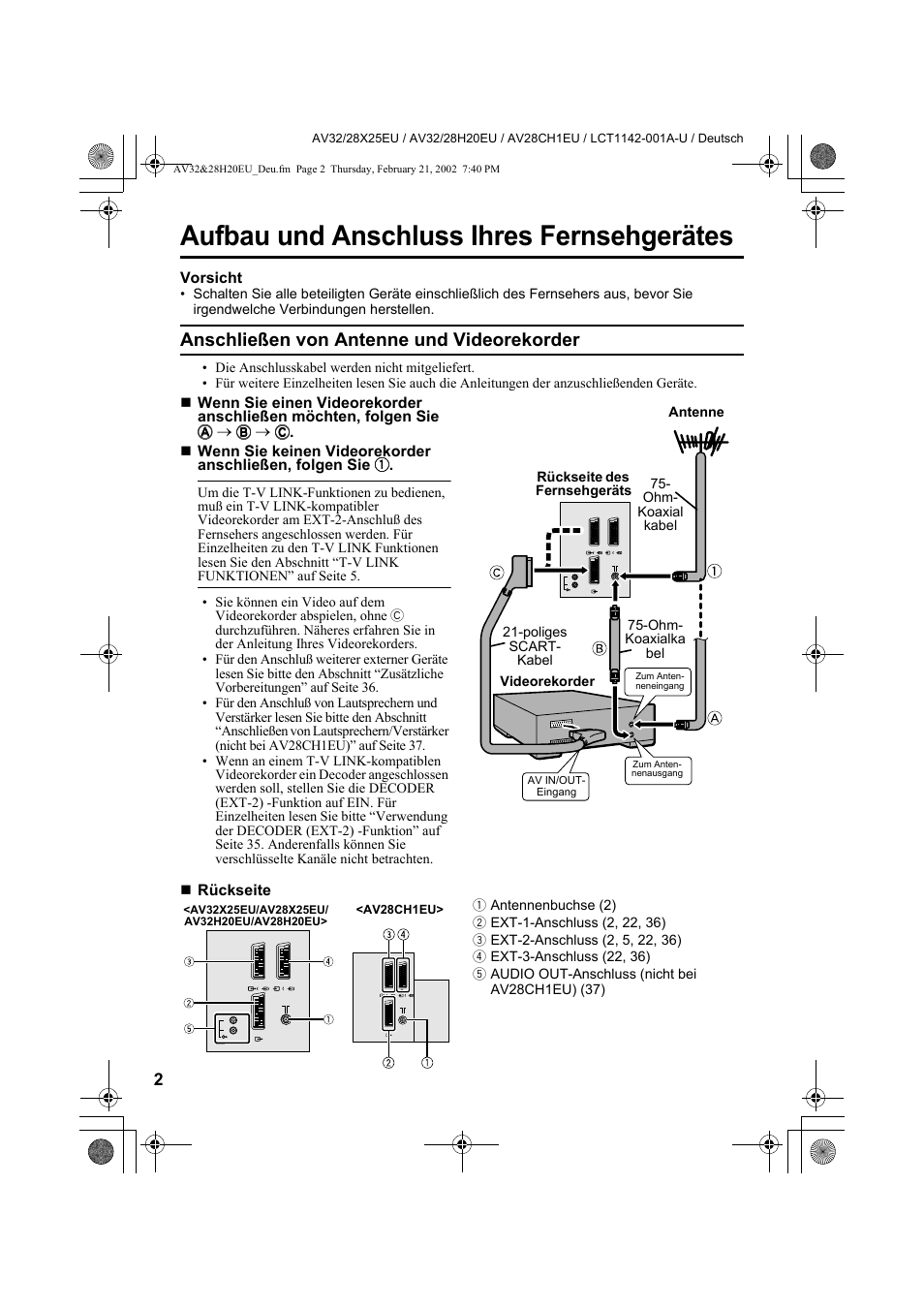 Aufbau und anschluss ihres fernsehgerätes, Anschließen von antenne und videorekorder, Vorsicht | Rückseite | JVC AV28CH1EU User Manual | Page 50 / 327