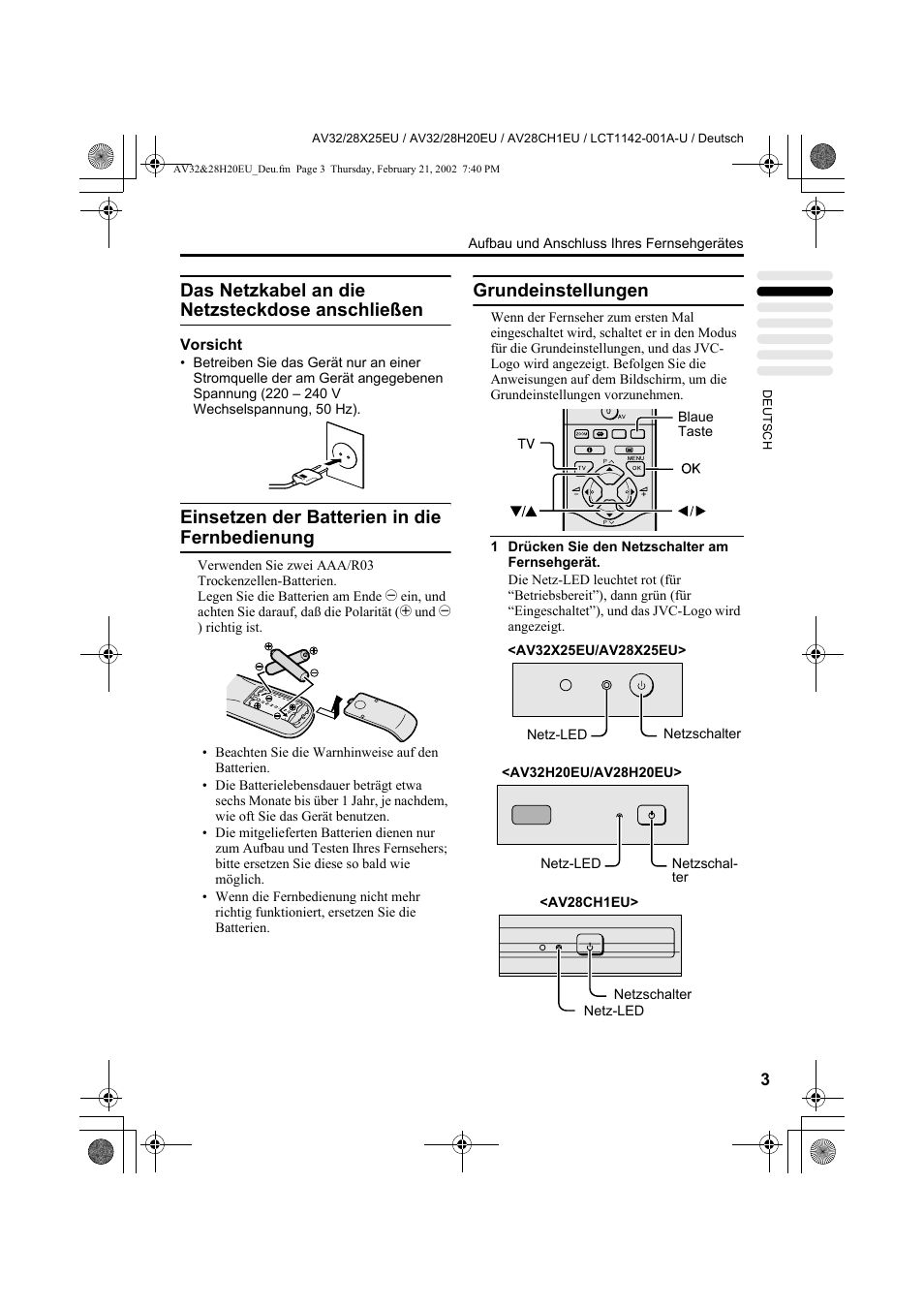 Das netzkabel an die netzsteckdose anschließen, Einsetzen der batterien in die fernbedienung, Grundeinstellungen | JVC AV28CH1EU User Manual | Page 51 / 327
