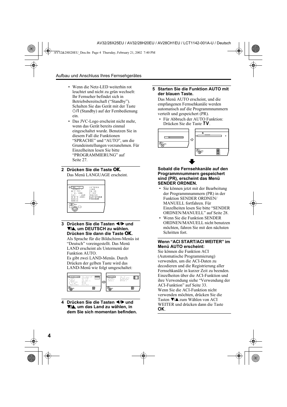 Aufbau und anschluss ihres fernsehgerätes | JVC AV28CH1EU User Manual | Page 52 / 327