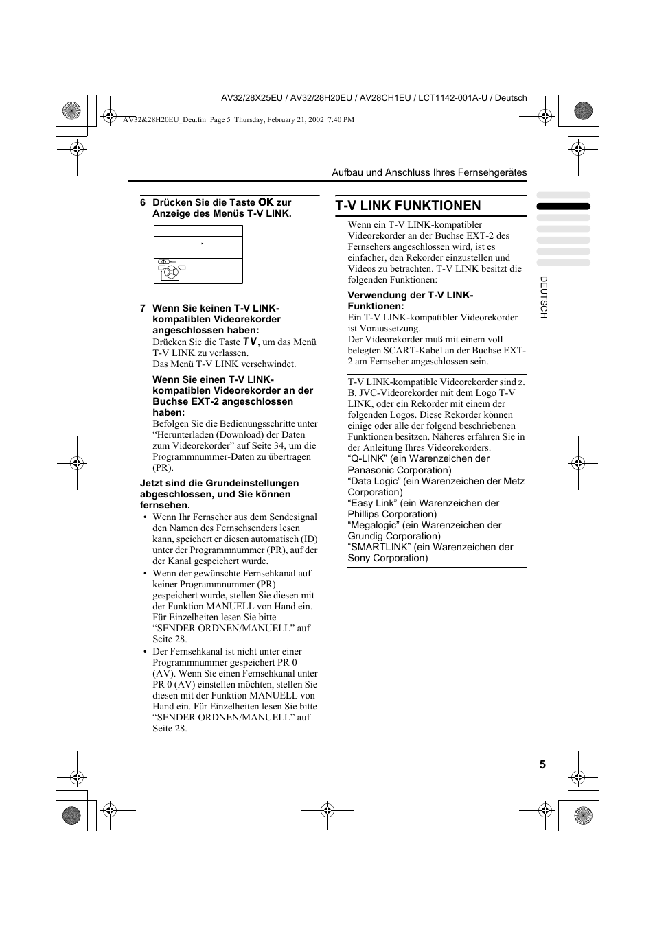 T-v link funktionen | JVC AV28CH1EU User Manual | Page 53 / 327
