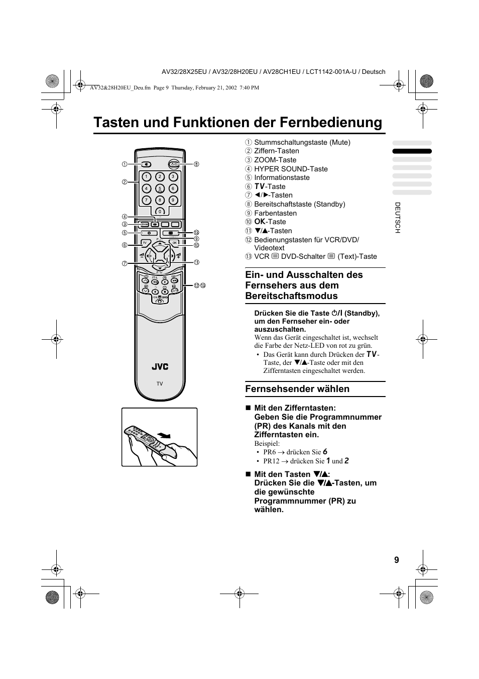 Tasten und funktionen der fernbedienung, Fernsehsender wählen | JVC AV28CH1EU User Manual | Page 57 / 327
