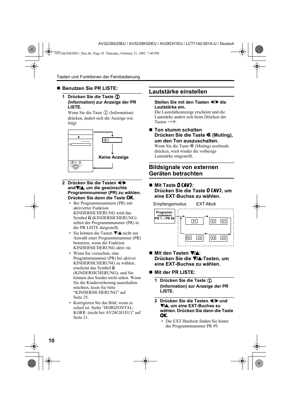 Lautstärke einstellen, Bildsignale von externen geräten betrachten | JVC AV28CH1EU User Manual | Page 58 / 327