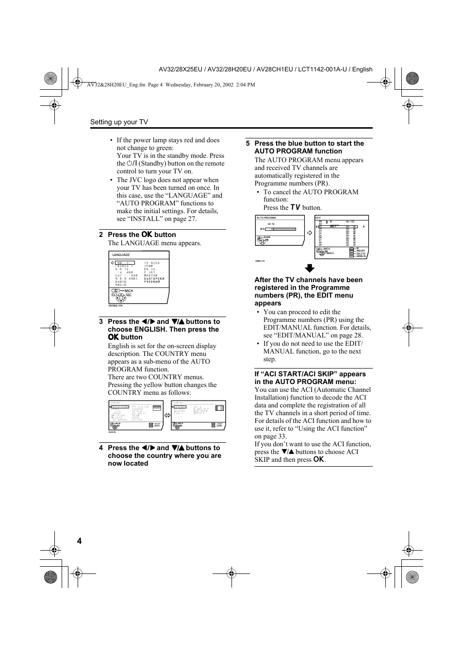 Setting up your tv | JVC AV28CH1EU User Manual | Page 6 / 327