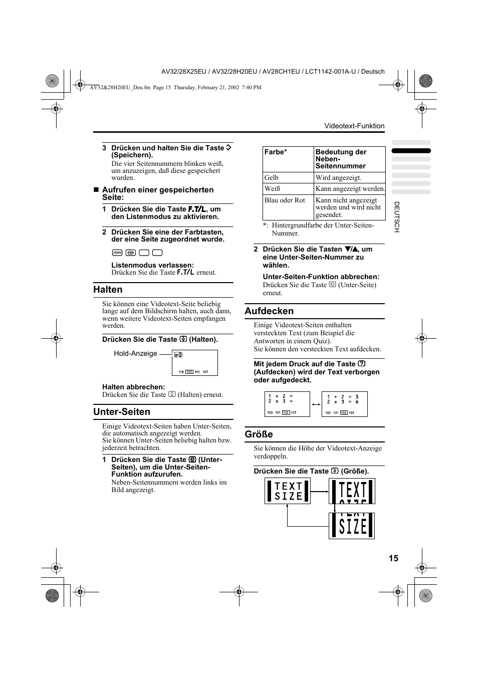 Halten, Unter-seiten, Aufdecken | Größe | JVC AV28CH1EU User Manual | Page 63 / 327