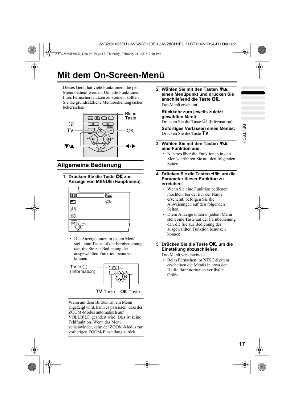 Mit dem on-screen-menü, Allgemeine bedienung | JVC AV28CH1EU User Manual | Page 65 / 327