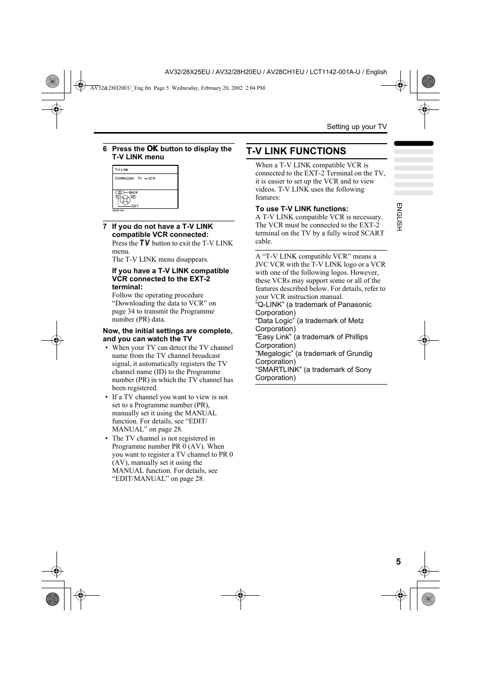 T-v link functions | JVC AV28CH1EU User Manual | Page 7 / 327