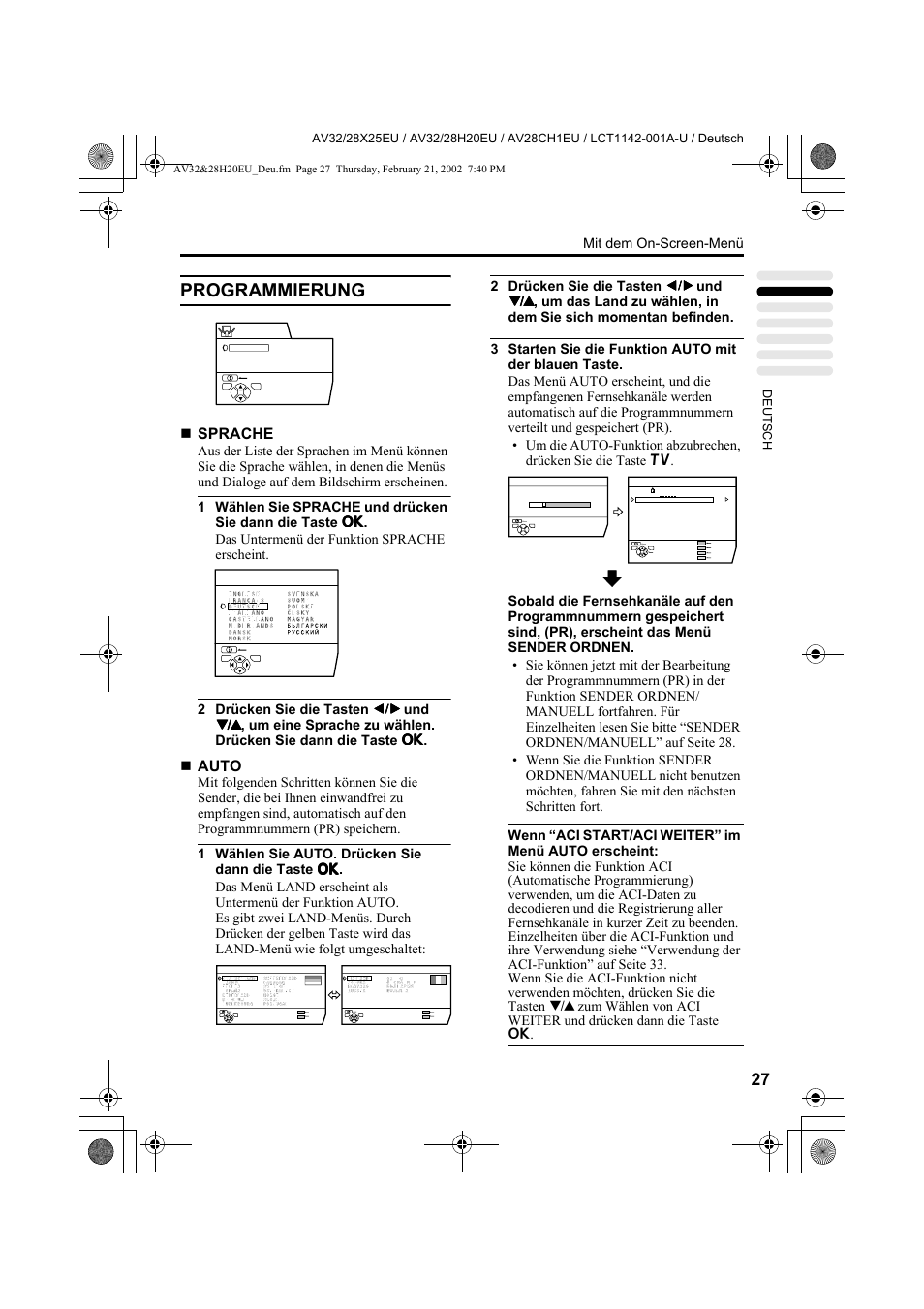 Programmierung, Sprache, Auto | Mit dem on-screen-menü | JVC AV28CH1EU User Manual | Page 75 / 327