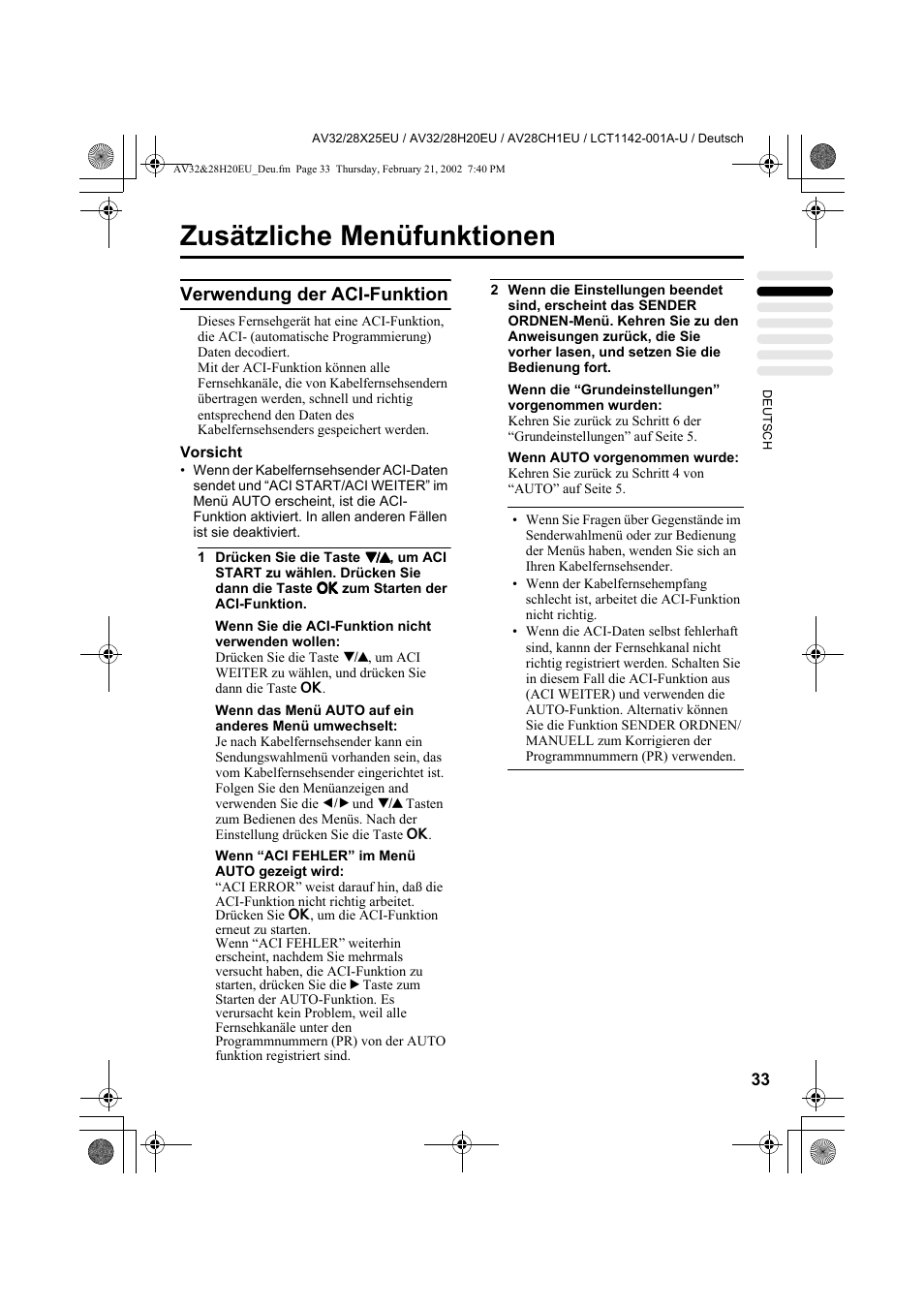 Zusätzliche menüfunktionen, Verwendung der aci-funktion | JVC AV28CH1EU User Manual | Page 81 / 327