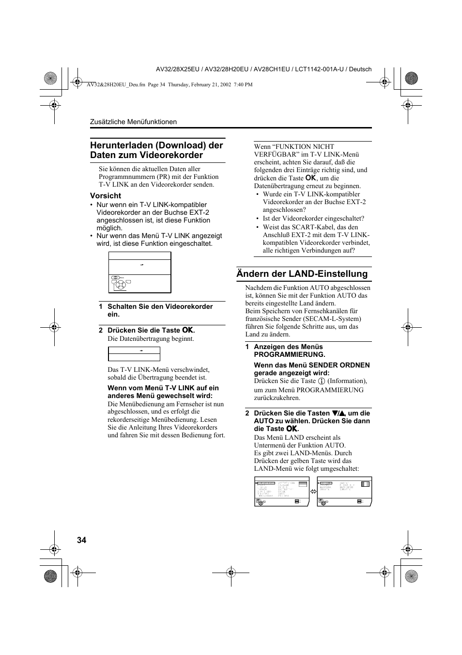 Ändern der land-einstellung, Vorsicht | JVC AV28CH1EU User Manual | Page 82 / 327