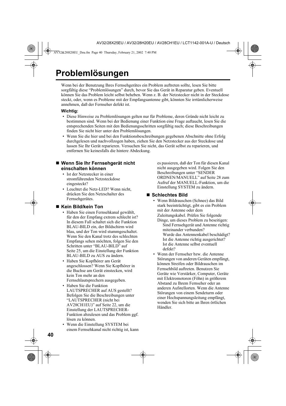 Problemlösungen | JVC AV28CH1EU User Manual | Page 88 / 327
