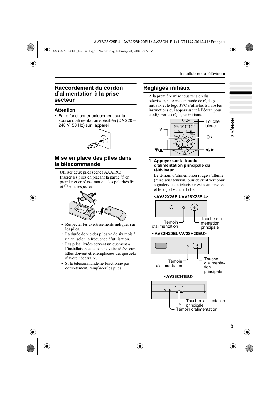 Mise en place des piles dans la télécommande, Réglages initiaux | JVC AV28CH1EU User Manual | Page 97 / 327