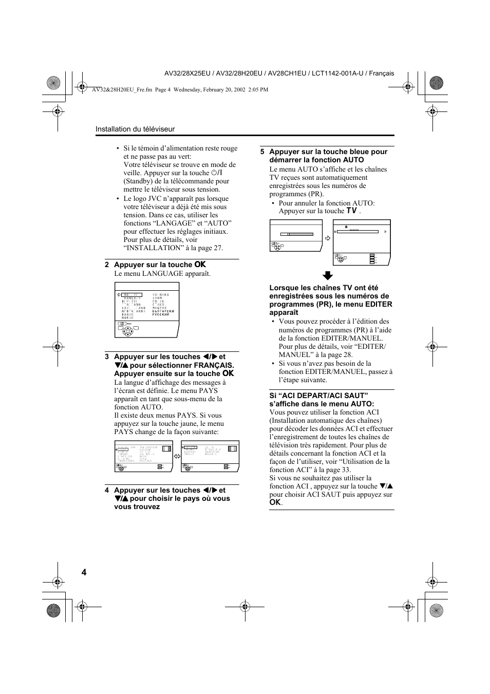 Installation du téléviseur | JVC AV28CH1EU User Manual | Page 98 / 327