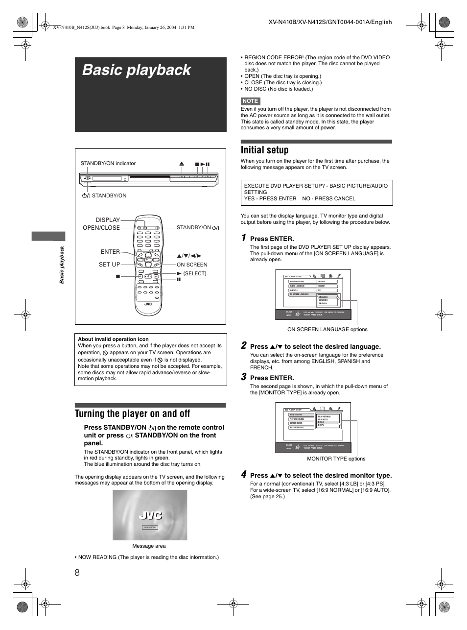 Basic playback, Turning the player on and off, Initial setup | Press enter, Press 5 / ∞ to select the desired language, Press 5 / ∞ to select the desired monitor type | JVC XV-N410B User Manual | Page 10 / 39