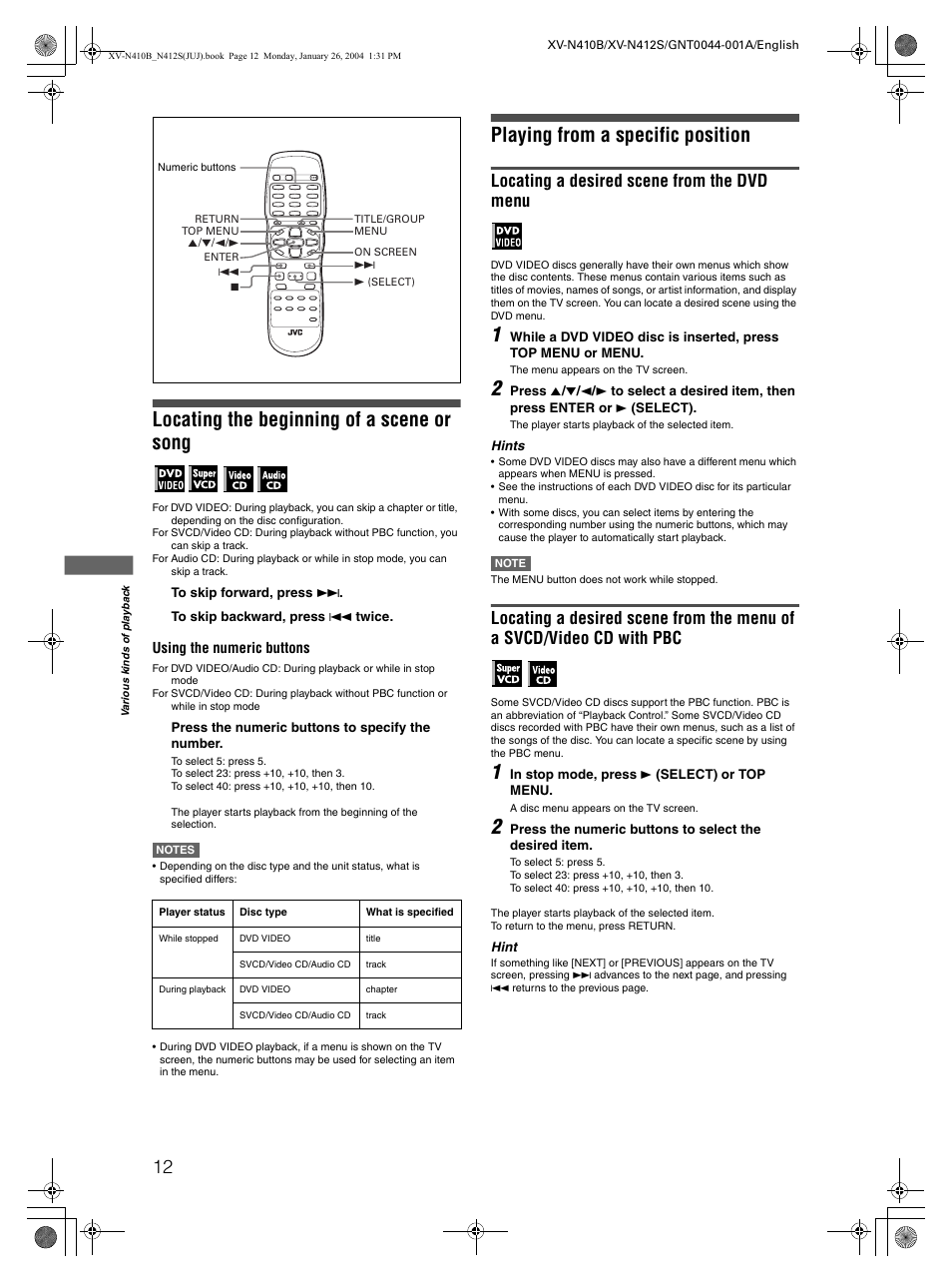 Locating the beginning of a scene or song, Playing from a specific position, Locating a desired scene from the dvd menu | JVC XV-N410B User Manual | Page 14 / 39