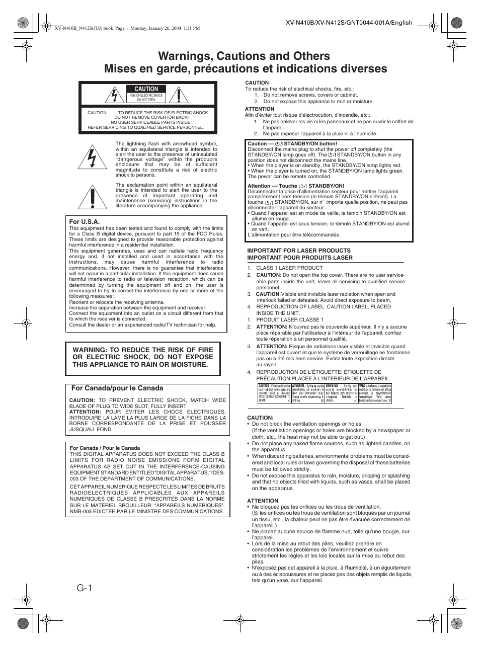 Warnings, For canada/pour le canada | JVC XV-N410B User Manual | Page 2 / 39