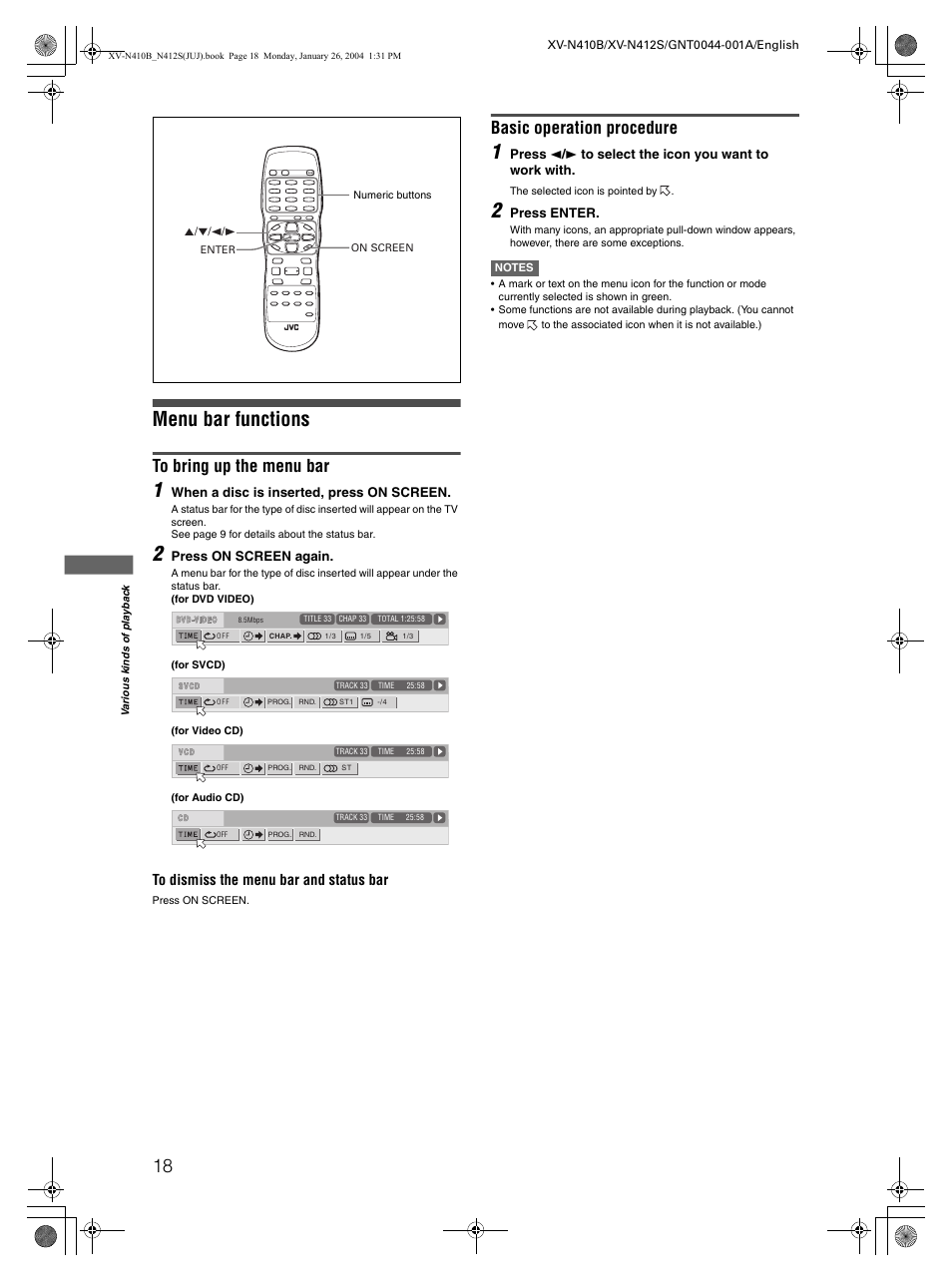 Menu bar functions, Basic operation procedure | JVC XV-N410B User Manual | Page 20 / 39