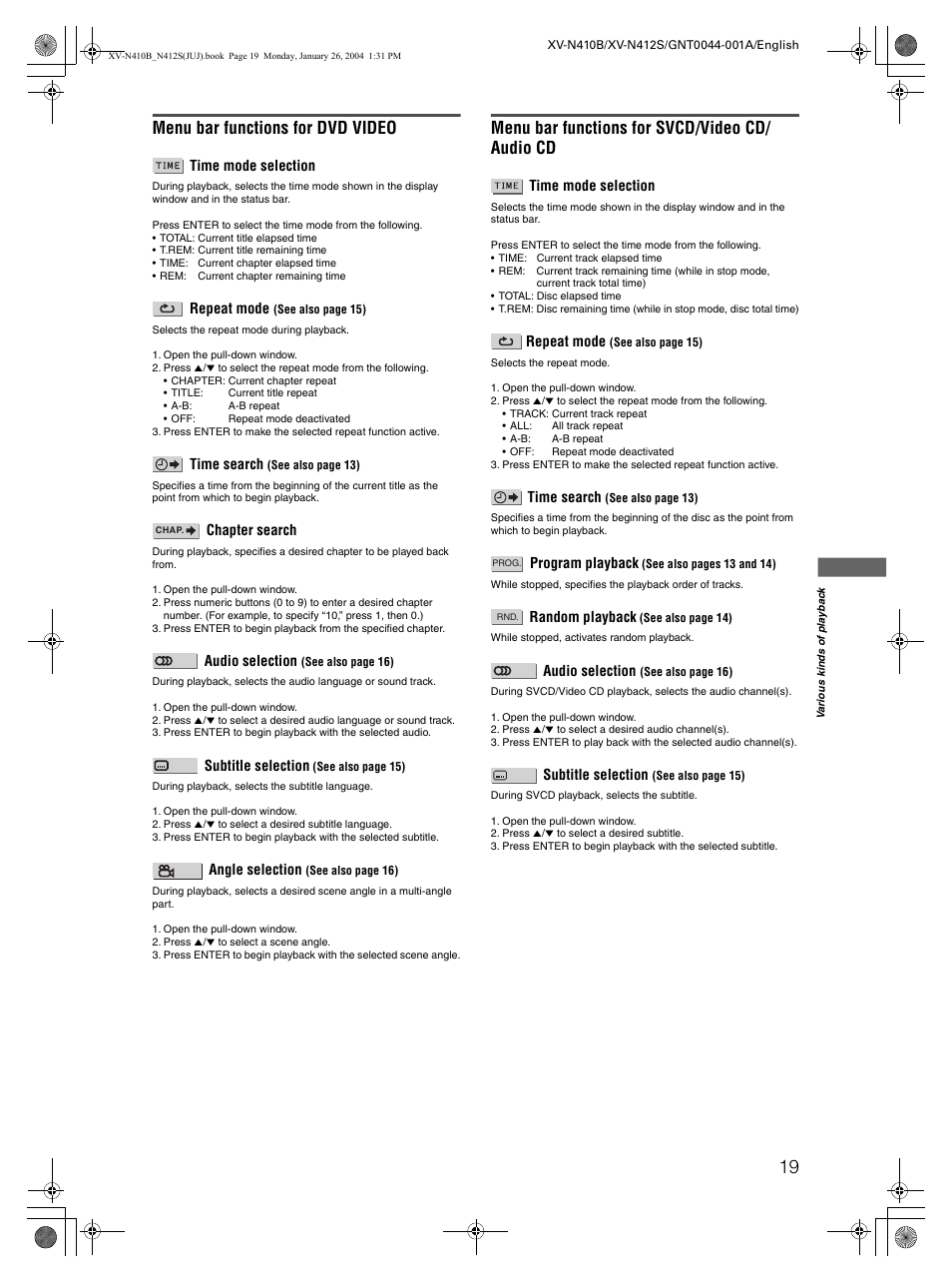 Menu bar functions for dvd video, Menu bar functions for svcd/video cd/ audio cd | JVC XV-N410B User Manual | Page 21 / 39