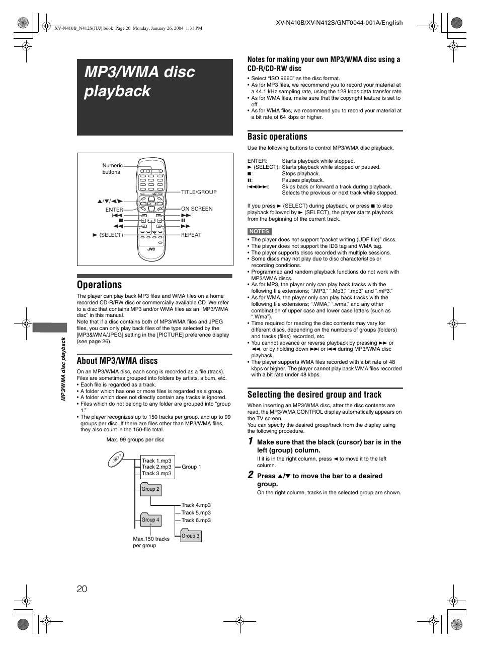 Mp3/wma disc playback, Operations, About mp3/wma discs | Basic operations, Selecting the desired group and track | JVC XV-N410B User Manual | Page 22 / 39