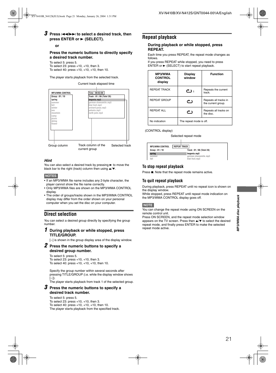Direct selection, Repeat playback | JVC XV-N410B User Manual | Page 23 / 39