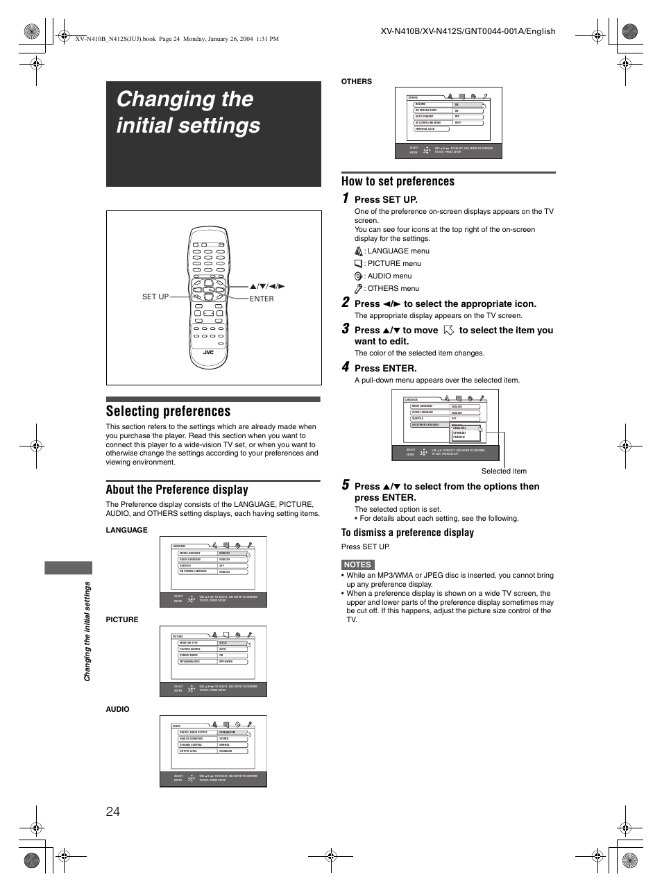 Changing the initial settings, Selecting preferences, About the preference display | How to set preferences, Press set up, Press 2 / 3 to select the appropriate icon, Press enter | JVC XV-N410B User Manual | Page 26 / 39