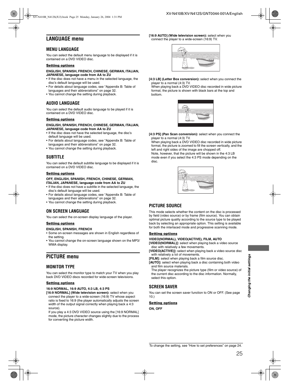 Language menu, Picture menu | JVC XV-N410B User Manual | Page 27 / 39