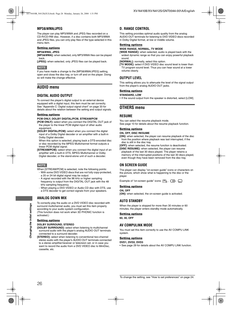 Audio menu, Others menu | JVC XV-N410B User Manual | Page 28 / 39