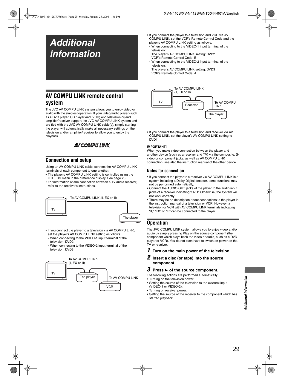 Additional information, Av compu link remote control system, Connection and setup | Operation | JVC XV-N410B User Manual | Page 31 / 39