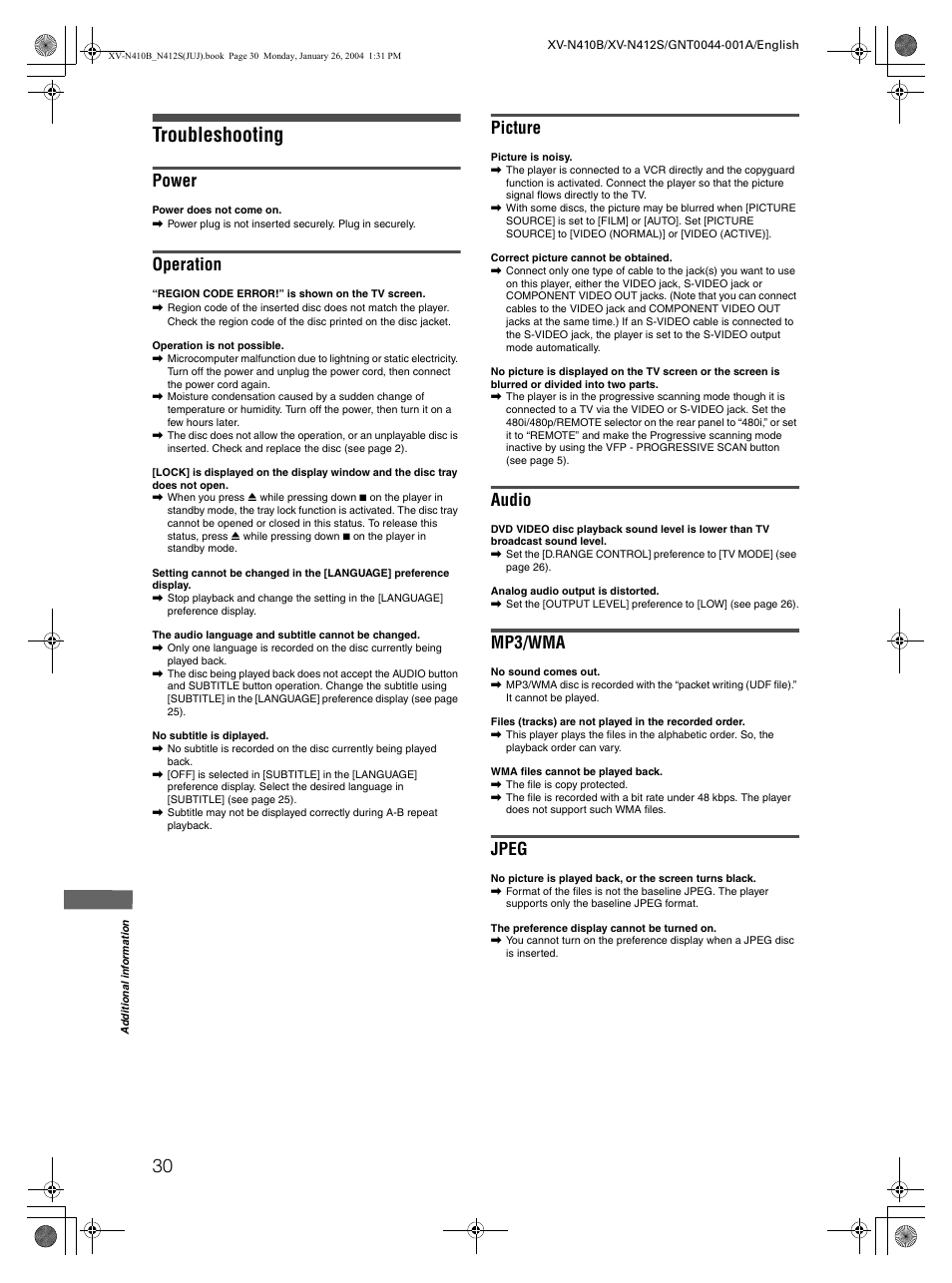 Troubleshooting, Power, Operation | Picture, Audio, Mp3/wma, Jpeg | JVC XV-N410B User Manual | Page 32 / 39