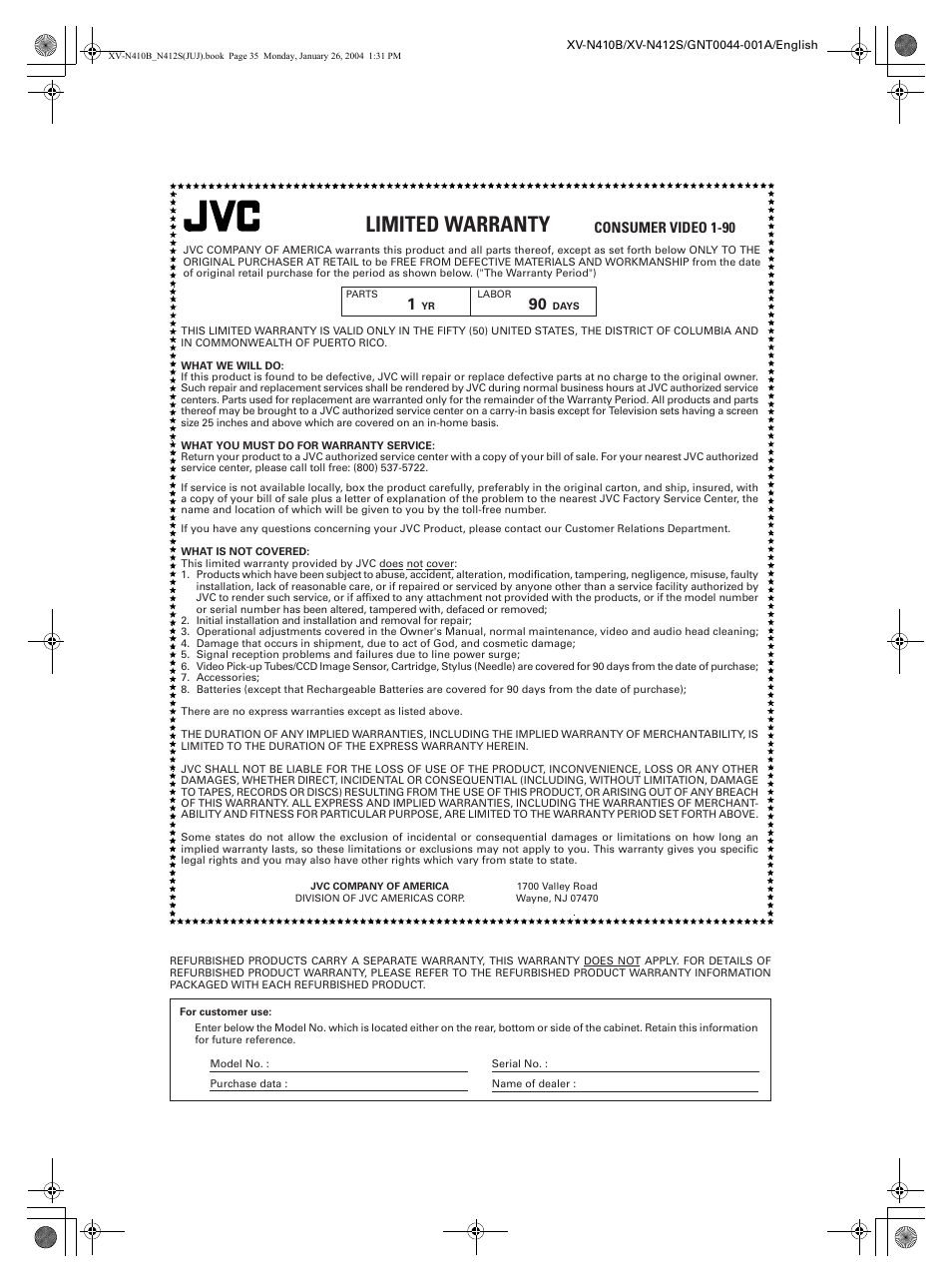 Limited warranty | JVC XV-N410B User Manual | Page 37 / 39