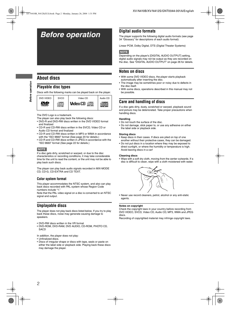 Before operation, About discs, Playable disc types | Unplayable discs, Digital audio formats, Care and handling of discs | JVC XV-N410B User Manual | Page 4 / 39