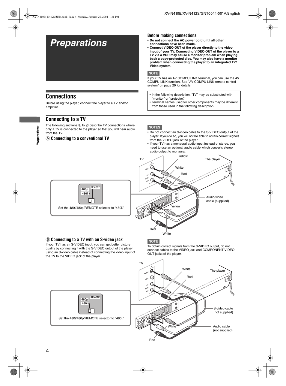 Preparations, Connections, Connecting to a tv | Before making connections, A connecting to a conventional tv, B connecting to a tv with an s-video jack, Pre p a ra ti o n s | JVC XV-N410B User Manual | Page 6 / 39