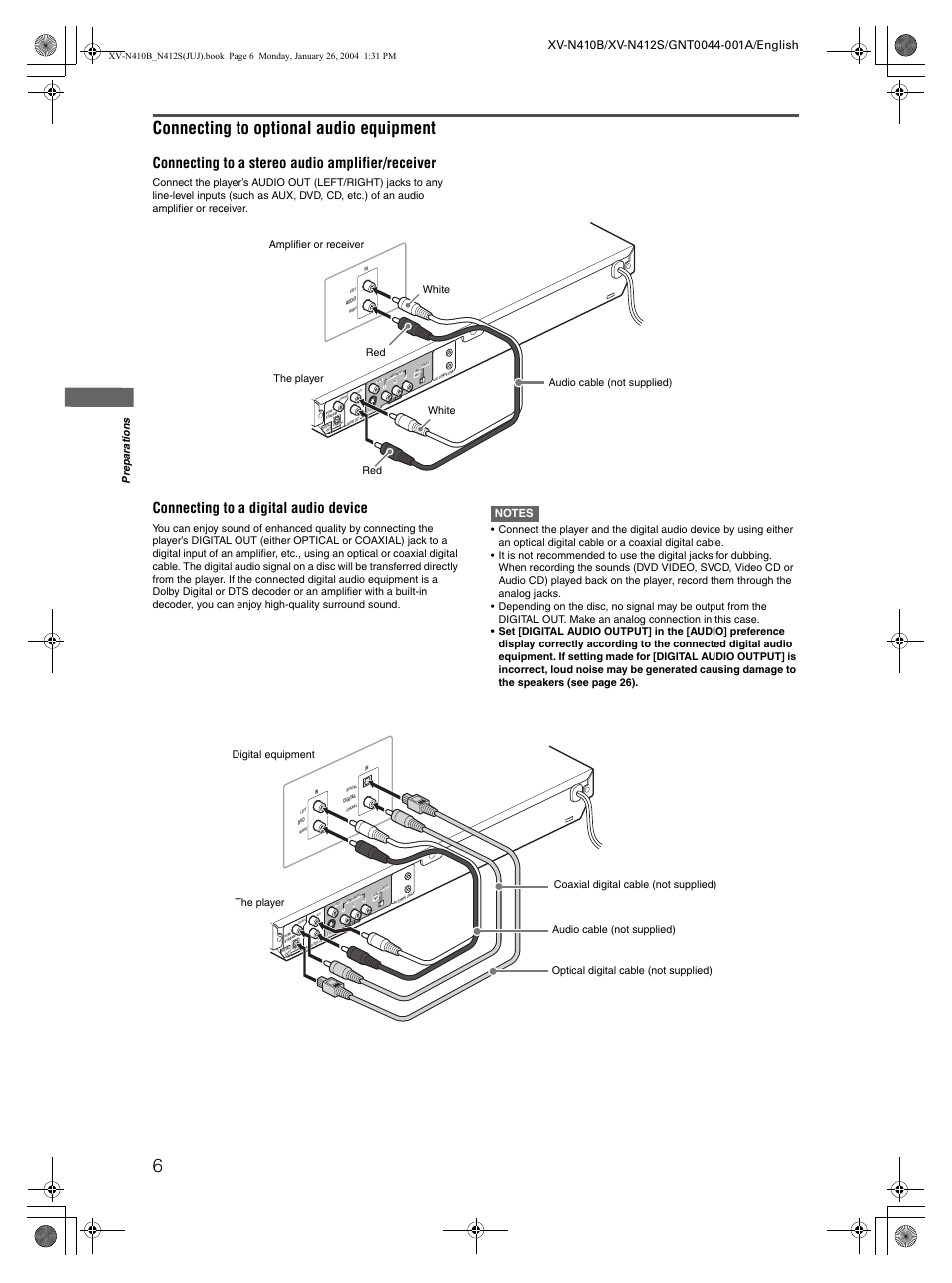 Connecting to optional audio equipment, Connecting to a stereo audio amplifier/receiver, Connecting to a digital audio device | Pre p a ra ti o n s | JVC XV-N410B User Manual | Page 8 / 39