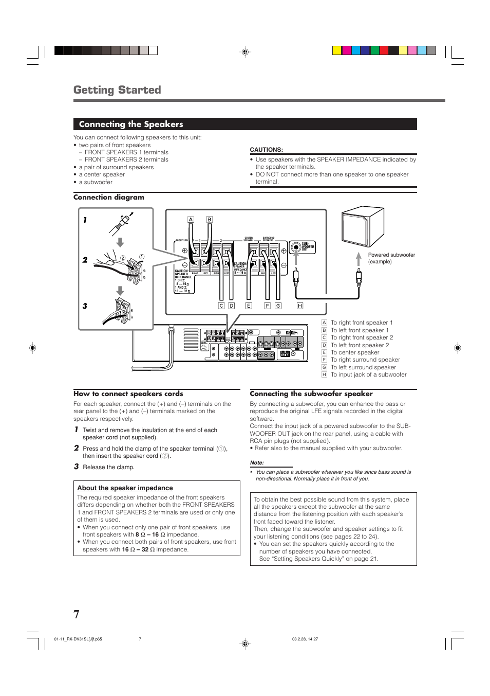 Getting started, Connecting the speakers, How to connect speakers cords | About the speaker impedance, Connecting the subwoofer speaker, Connection diagram | JVC RX-DV31SL User Manual | Page 10 / 78