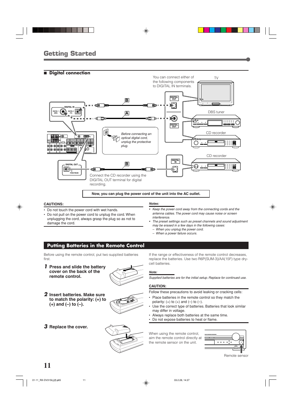 Getting started, Putting batteries in the remote control, 7 digital connection | Replace the cover | JVC RX-DV31SL User Manual | Page 14 / 78
