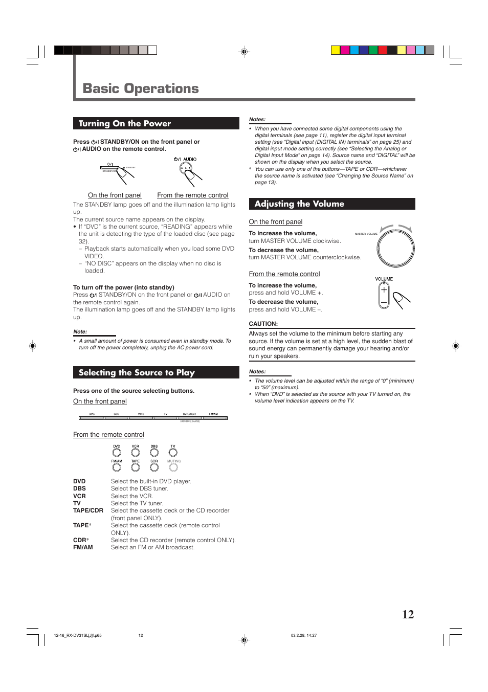 Basic operations, Turning on the power, Selecting the source to play | Adjusting the volume | JVC RX-DV31SL User Manual | Page 15 / 78