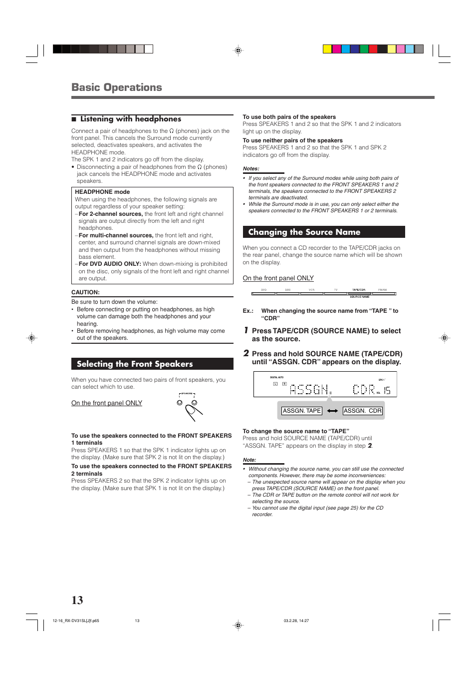Basic operations, Selecting the front speakers, Changing the source name | 7 listening with headphones, On the front panel only | JVC RX-DV31SL User Manual | Page 16 / 78