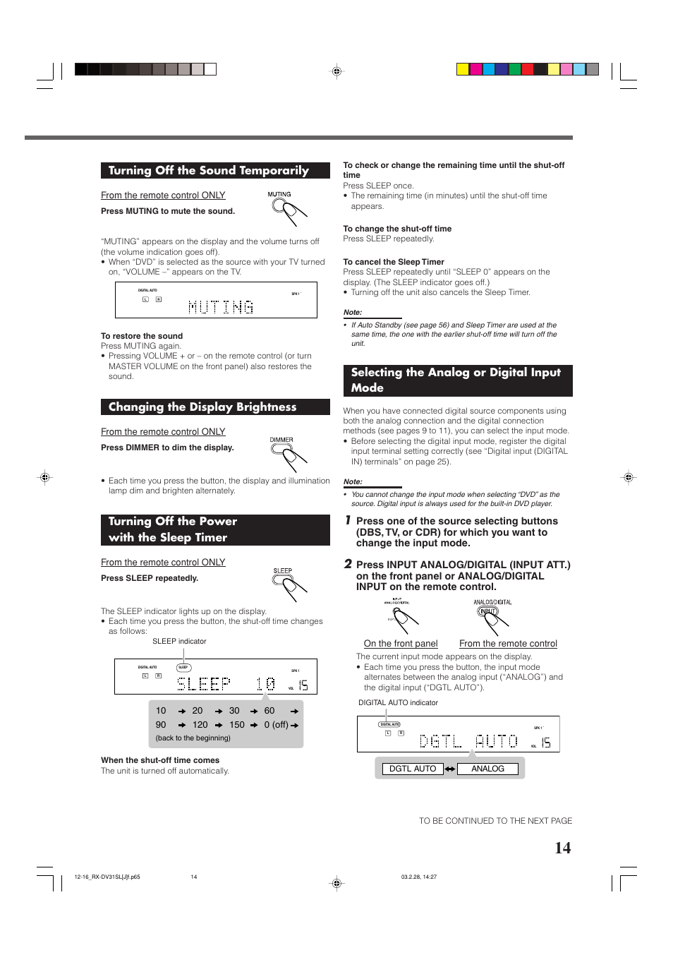 Basic operations, Turning off the sound temporarily, Changing the display brightness | Turning off the power with the sleep timer, Selecting the analog or digital input mode, On the front panel from the remote control, Dgtl auto analog | JVC RX-DV31SL User Manual | Page 17 / 78