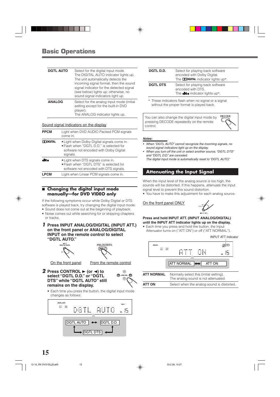 Basic operations, Attenuating the input signal, Sound signal indicators on the display | On the front panel from the remote control, On the front panel only, Dgtl d.d. dgtl dts dgtl auto, Att normal att on | JVC RX-DV31SL User Manual | Page 18 / 78